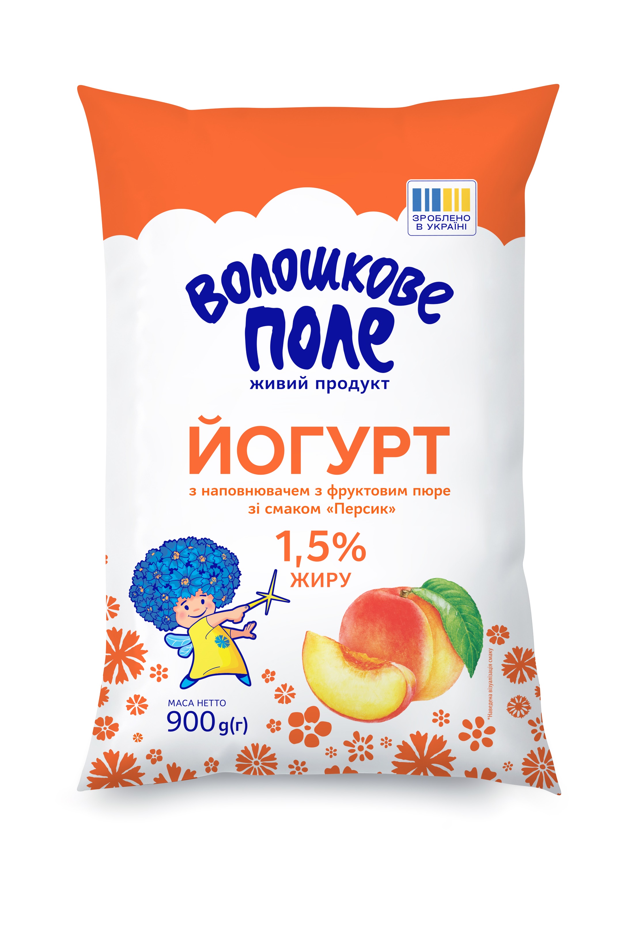 Йогурт ВОЛОШКОВЕ ПОЛЕ Персик 1,5% жиру 900гр плівка